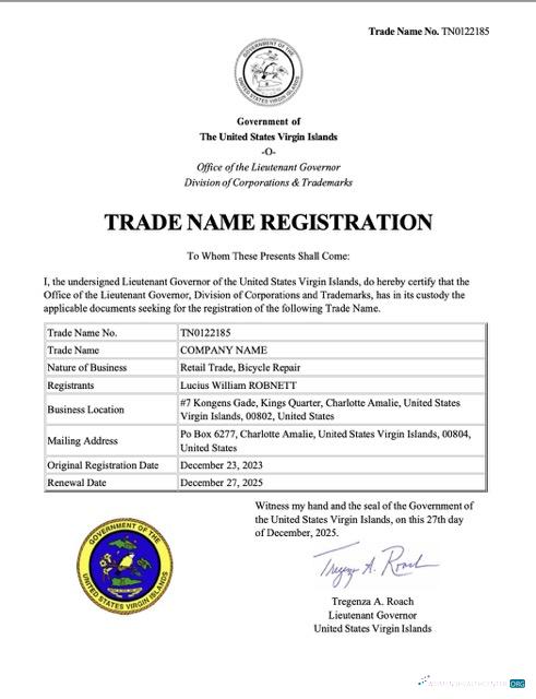 Virgin Island trade name registration certificate Word and PDF template